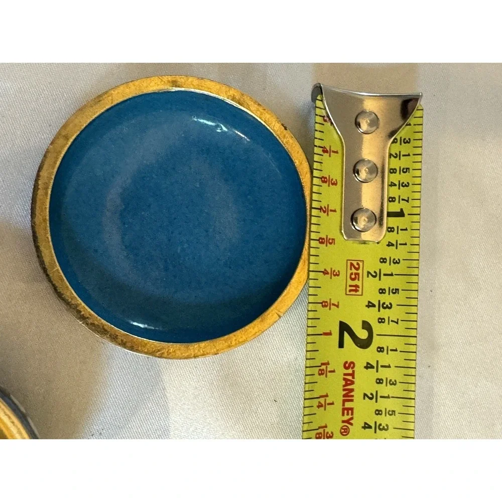 Vintage Bird Deer Cloisonné Blue Enamel On Brass Trinket or Pill Box Round